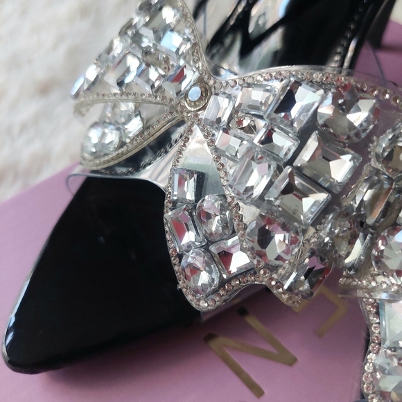 Kayleen LA Rhinestone Bow Heels Black Pointed Toe Slingback Sandals Size 7.5 NIB - Picture 5 of 9